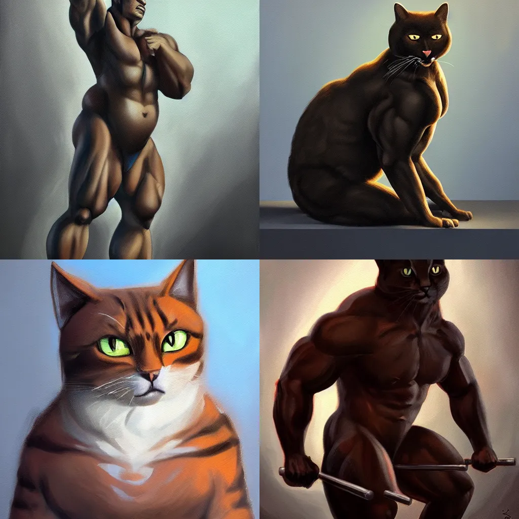 Prompt: anthropomorphic muscular oversized powerlifter cat in dramatic light , artstation painting