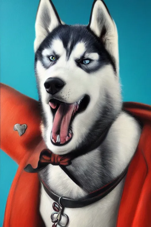 Image similar to a portrait painting of a husky in cowboy costume, character design, anime, humanoid, personify, anthropomorphic