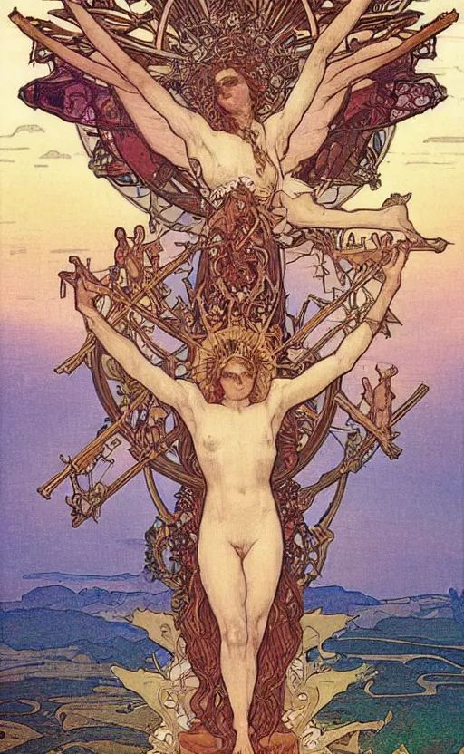 Image similar to a spiritual cross on top of a holy mountain, Mucha, Moebius, Mohrbacher