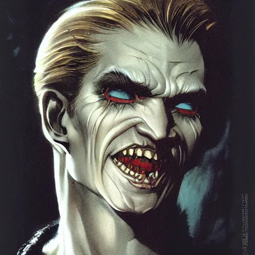 Image similar to head and shoulders vogue photo portrait of a male vampire, d & d, fantasy, greg rutkowski, frank frazetta, alexandre chaudret, boris vallejo, michael whelan, miro petrov, hr giger, magali villeneuve, donato giancola