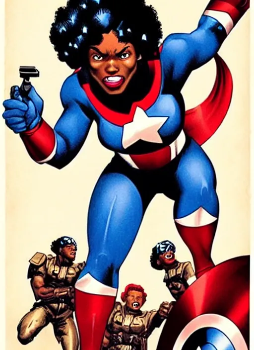 Image similar to beautiful black female captain america. afro - feminist captain america wins wwii. american wwii propaganda poster by james gurney, rob liefeld and pixar. gorgeous face. overwatch, realistic. black power