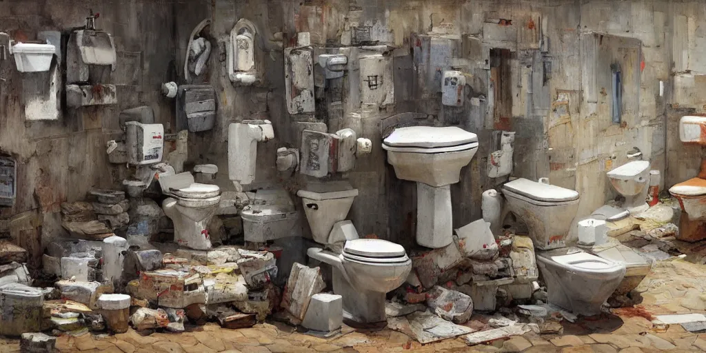 Prompt: a pile of toilets, art by tarmo juhola, ivan laliashvili, james gurney, highly detailed, 4 k