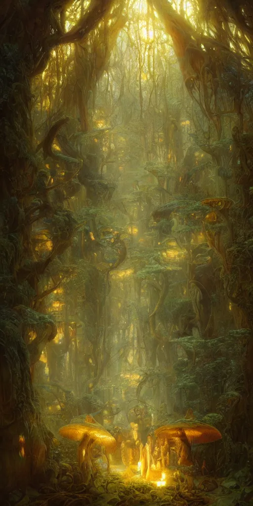 Image similar to enchanted mushroom forest, radiant light, caustics, by gaston bussiere, bayard wu, greg rutkowski, giger, maxim verehin