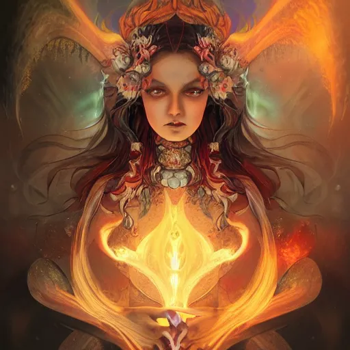 Prompt: a necromancer woman seated on her throne of sorcery and power with flames in her 2 eyes. by anna dittmann, trending on art station, intricate detail, highly detailed, atmospheric
