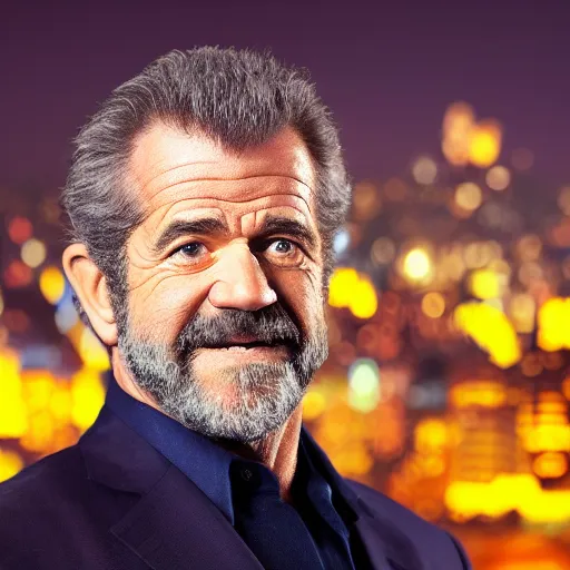 Prompt: a still of mel gibson, studio lighting, shallow depth of field, lights of city in the background, profession photography, 4 k