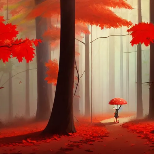 Image similar to goro fujita ilustration an autumn forest with tall trees, the ground full of leaves, the light rays reach the ground, the rain falls creating drops all over the forest., painting by goro fujita, sharp focus, highly detailed, artstation