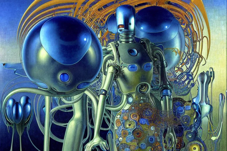 Prompt: realistic extremely detailed portrait painting of an anthropomorphic supercomputer robot, futuristic sci-fi landscape on background by Jean Delville, Amano, Yves Tanguy, Alphonse Mucha, Ernst Haeckel, Edward Robert Hughes, Roger Dean, rich moody colours, blue eyes