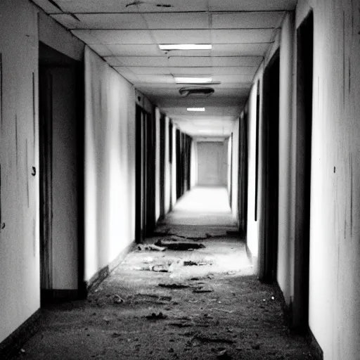 Prompt: Infrared photo of a corridor inside an abandoned hospital showing a ghost figure, at night, noise