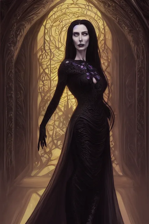 Image similar to ultra realistic illustration, claudia black as morticia addams from baldurs gate and diablo, intricate, elegant, highly detailed, digital painting, artstation, concept art, smooth, sharp focus, illustration, art by artgerm and greg rutkowski and alphonse mucha