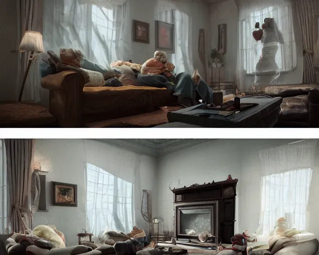 Prompt: of a very beautiful scene. ambient occlusion render. a sweet fat old woman is flying above the sofa. hyper realistic. 4 k. wide angle. wild. symmetrical face, red mouth, blue eyes. deep focus, lovely scene. ambient occlusion render. concept art. unreal engine.