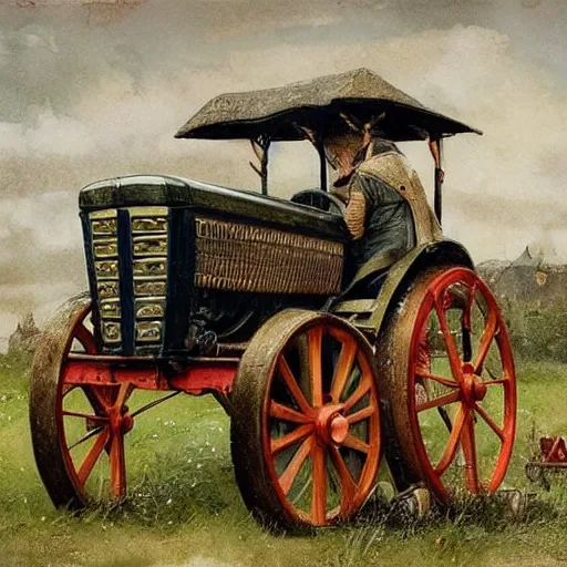 Prompt: ( ( ( ( ( the medieval king riding royal farm tractor, fully ornated with intricate gold and jewels. muted colors. ) ) ) ) ) high resolution, high quality, by jean - baptiste monge!!!!!!!!!!!!!!!!!!!!!!!!!!!