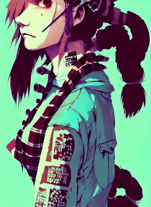 Prompt: highly detailed closeup portrait of a sewer punk pretty female road warrior student, tartan garment, cyan hair pigtails with headband by atey ghailan, by greg rutkowski, by greg tocchini, by james gilleard, by joe fenton, by kaethe butcher, gradient red, black, brown and white color scheme, grunge aesthetic!!! white graffiti tag wall background