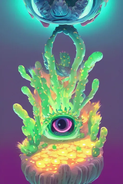 Image similar to roots cactus sushi cristal smurf ghost creature animal sushi cristal very big eye roots cactus elemental flush of force nature micro world fluo fishscale, behance hd by jesper ejsing, by rhads, makoto shinkai and lois van baarle, ilya kuvshinov, rossdraws radiating a glowing aura global illumination ray tracing hdr