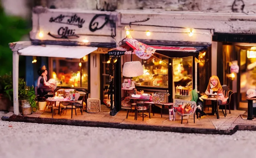 Image similar to mini cafe diorama macro photography, cafe for finger puppets, ambient, atmospheric photograph, string lights, romantic