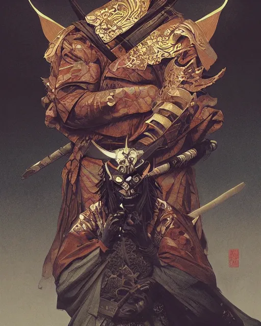 Image similar to samurai with demon mask, dark fantasy, intricate, elegant, highly detailed, digital painting, artstation, concept art, smooth, sharp focus, illustration, artstation, cgsociety, art by artgerm and greg rutkowski and alphonse mucha