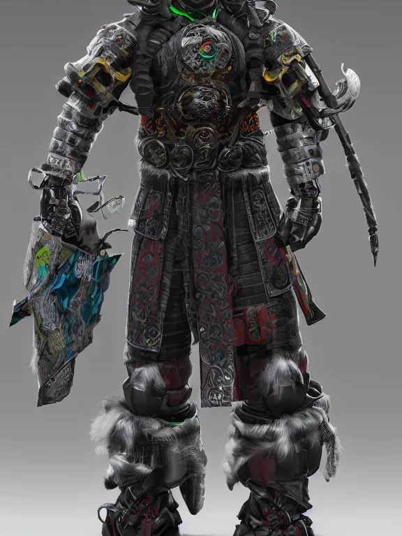 Image similar to full body front view portrait of, cyberpunk druidic ninja samurai, character design, correct anatomy, made in blender, octane render, ray tracing, ultra detailed, fantasy, intricate and highly detailed, with lots of colour, pose, sharp focus,