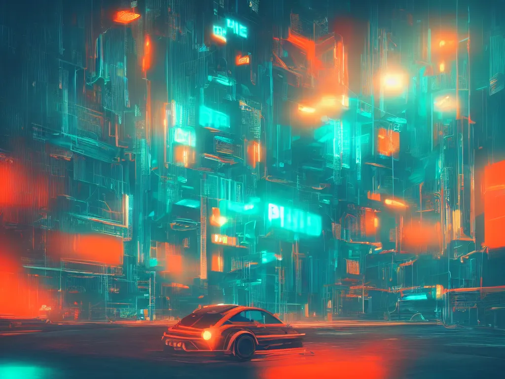 Image similar to Beautiful cyberpunk teal and orange colored wall with photo frames, night ambience, smooth volumetric lighting, geometric, low light room, photorealistic details, neon glowy edges, 4K, 8K, digital arts