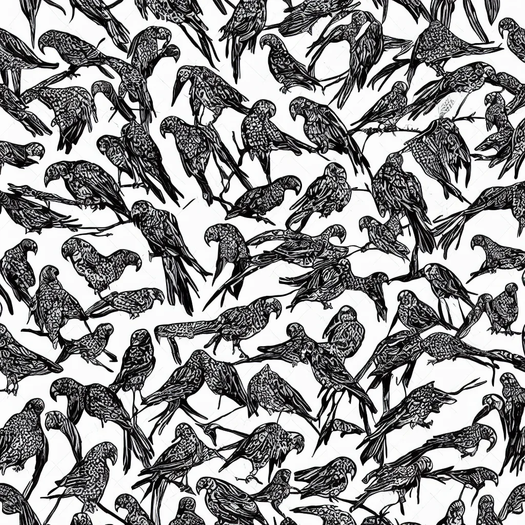 Image similar to seamless pattern of parrots. black and white, drawing, white background, seamless, ornament.