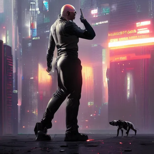 Image similar to pitbull standing in a city, cyberpunk style, by cedric peyravernay, highly detailed, excellent composition, cinematic concept art, dramatic lighting, trending on artstation