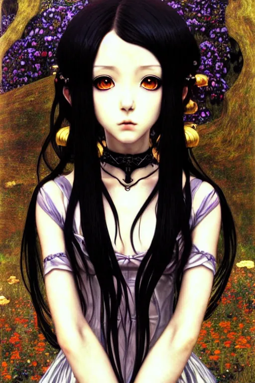 Image similar to portrait of beautiful young gothic anime maiden, cute-fine-face, pretty face, realistic shaded Perfect face, fine details. Anime, cyberpunk, Warhammer, Warhammer, Warhammer, highly detailed, artstation, illustration, art by Ilya Kuvshinov and Gustav Klimt and Gustav Klimt and Gustav Klimt and Gustav Klimt