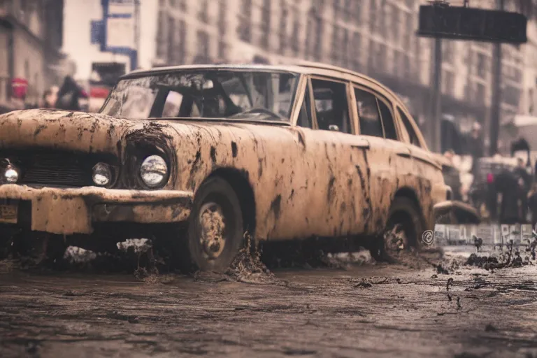 Prompt: street photography by saul leiter, in a high quality muddy new york street, award winning photo of an ultra detailed high quality dirty vintage ford car speeding very fast on mud, fast shutter speed, motion blur, tiny gaussian blur, highly detailed, highly intricate, depth of field, trending on top gear