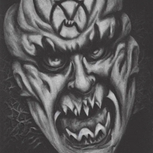 Image similar to sergey lavrov demonic horror jester face, in lava cave, polaroid black and white picture, 1 9 th century, scary horrifying satanic rituals, hell gate