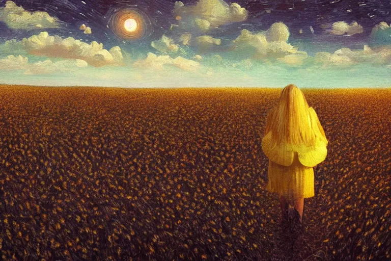 Image similar to huge sunflower head, girl walking in wheat field, hills, surreal photography, dark night, star trails, dramatic light, impressionist painting, clouds, digital painting, artstation, simon stalenhag