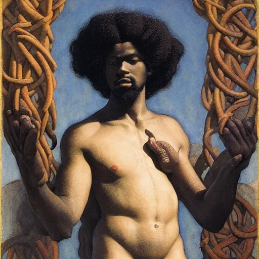 Prompt: masterpiece black man with curly hair sculpture from islamic civilization, by annie swynnerton and diego rivera and nicholas roerich and jean delville and charlie bowater, symbolist, dramatic lighting, god rays, art brut, rich colors, smooth sharp focus, extremely detailed, adolf wolfli and ( donato giancola and bilibin )