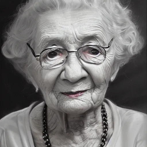 Prompt: A photo of a portrait of a 95 year old lady, trending on Art Station, high detailed, photorealistic