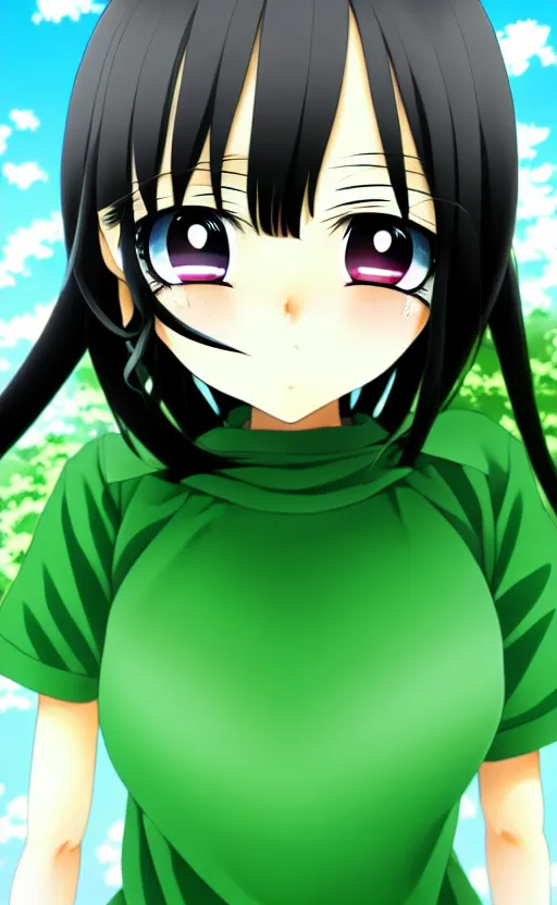 Image similar to anime girl with a detailed face and black hair in a green outfit, full body, trending, low angle, worms eye view, illustration,