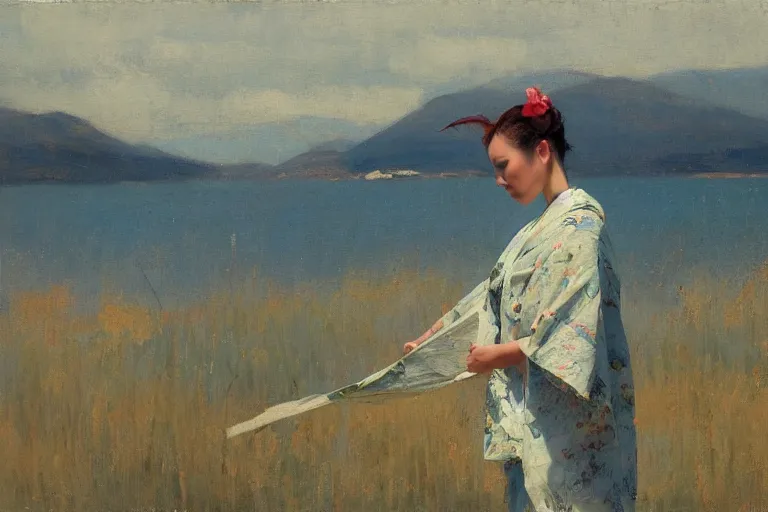 Image similar to wind, koi, kimono fabric blowing in the wind, sunlight, no person, jeremy lipking, joseph todorovitch
