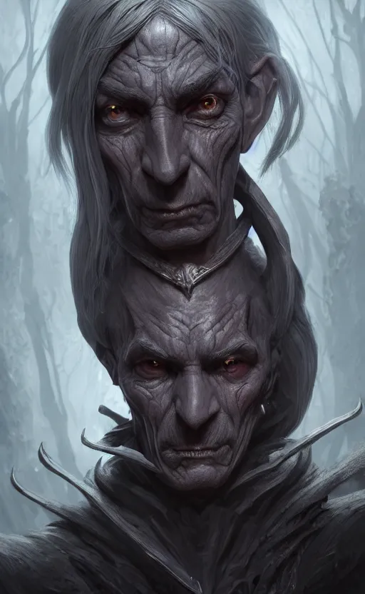 Image similar to legendary creepy dark elf wizard, highly detailed, d & d, fantasy, highly detailed, digital painting, trending on artstation, concept art, sharp focus, illustration, global illumination, ray tracing, realistic shaded, art by artgerm and greg rutkowski and fuji choko and viktoria gavrilenko and hoang lap