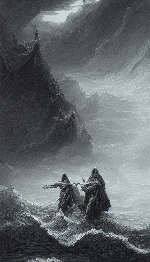 Image similar to hooded ocean cultists, on the waves, epic, dark fantasy, gustave dore