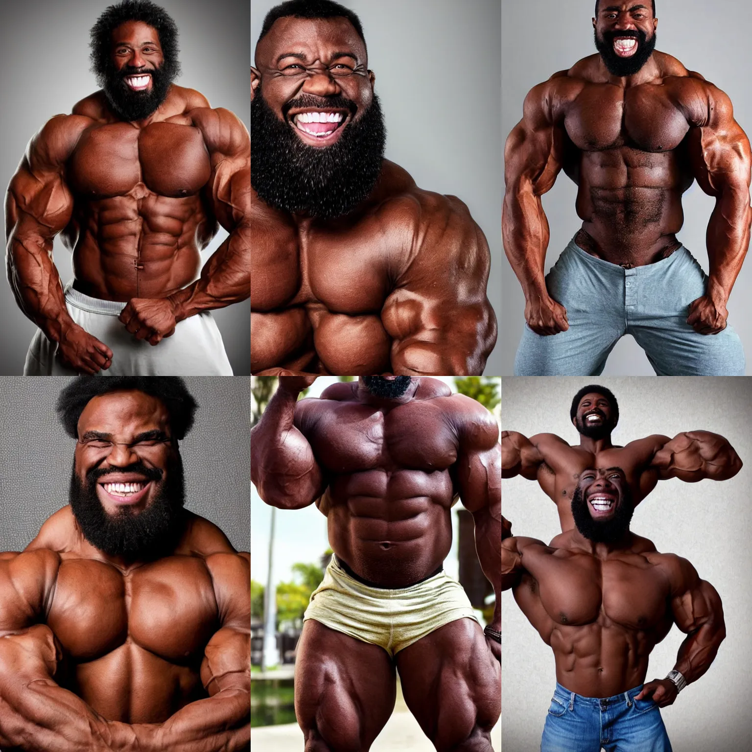 Prompt: portrait of african american hulking herculean bodybuilder gigachad, with a huge smile, beard. muscular musclebound bodybuilder wearing iron armour, second life avatar.