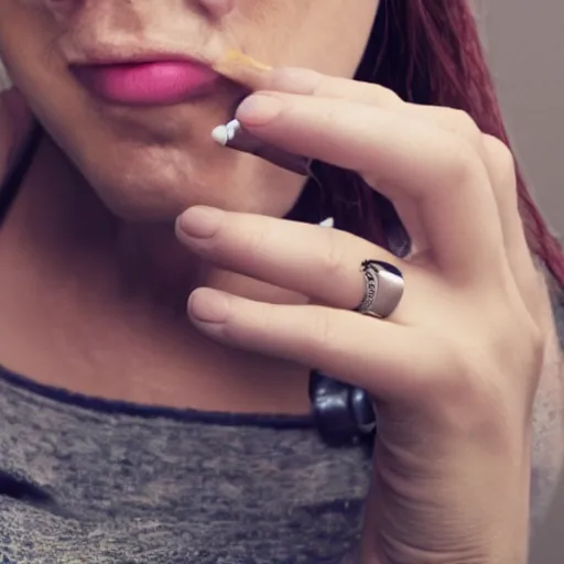 Image similar to a normal female hand with a five fingers and ring and, a cigarette, smoke