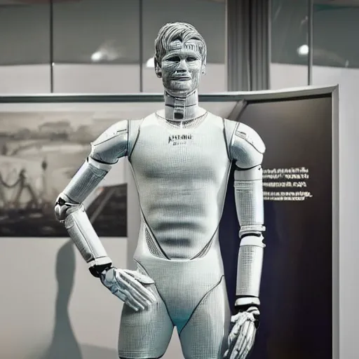 Image similar to a realistic detailed photo of a guy who is an attractive humanoid who is half robot and half humanoid, who is a male android, soccer player martin ødegaard, shiny skin, posing like a statue, blank stare, by the pool, on display, showing off his muscles, humanoid robot, frozen ice statue