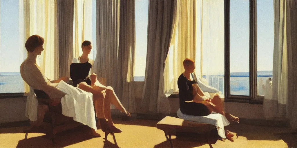 Prompt: a couple in a hotel room by the window, peaceful, quiet, morning sunlight, by edward hooper