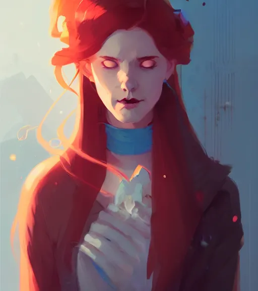 Image similar to portrait of a female mage, red hair, by atey ghailan, by greg rutkowski, by greg tocchini, by james gilleard, by joe fenton, by kaethe butcher, dynamic lighting, gradient light blue, brown, blonde cream and white color scheme, grunge aesthetic