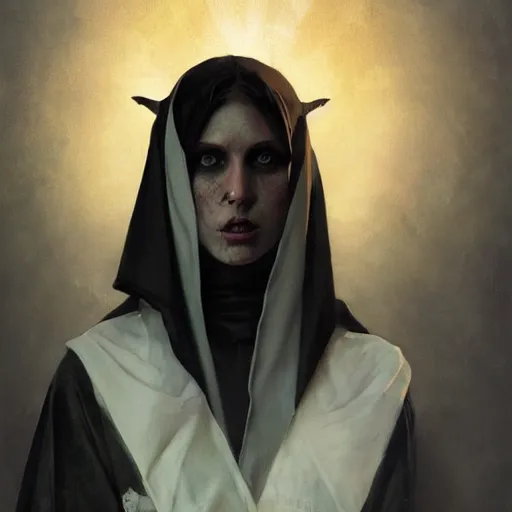 Image similar to A portrait of A zombie nun glowing black by greg rutkowski and alphonse mucha,In style of digital art illustration.Dark Fantasy.darksouls.hyper detailed,smooth, sharp focus,trending on artstation,4k