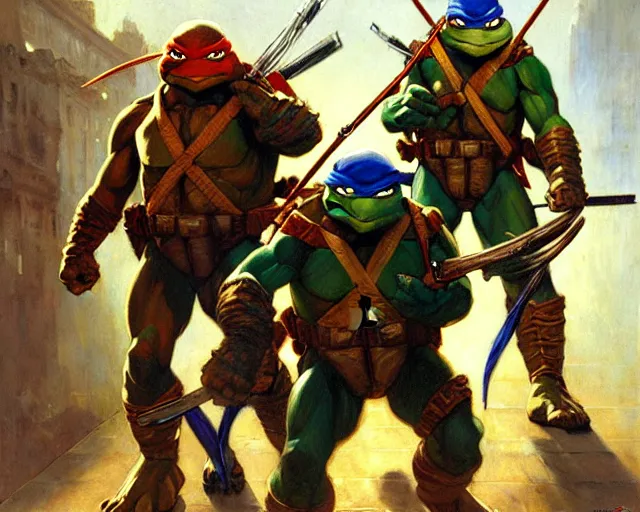 Image similar to teenage mutant ninja turtles, painting by gaston bussiere, craig mullins, j. c. leyendecker