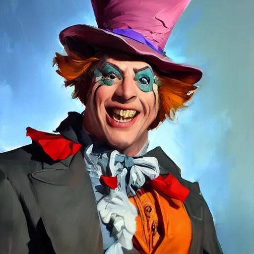 Image similar to greg manchess portrait painting of partially armored mad hatter from alice in wonderland as overwatch character, wacky, medium shot, asymmetrical, profile picture, organic painting, sunny day, matte painting, bold shapes, hard edges, street art, trending on artstation, by huang guangjian and gil elvgren and jesper ejsing