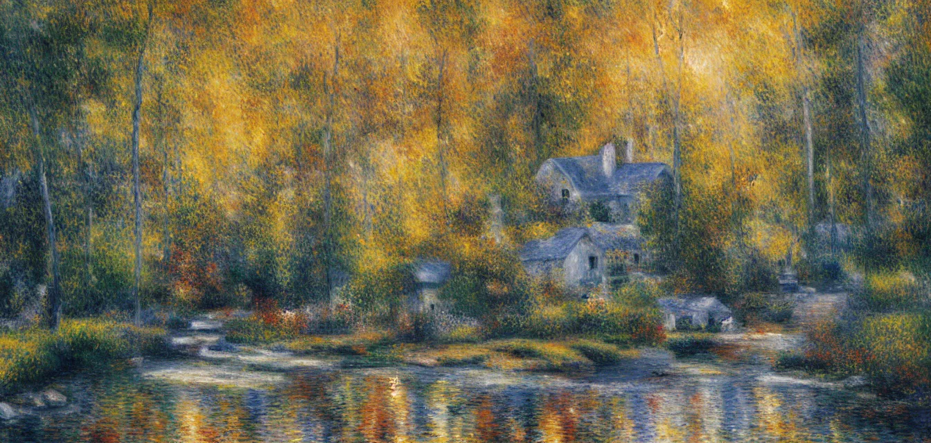 Image similar to a painting of sparse stone cottages underneath a dense forest, with a cascading river and pristine reflect. gorgeous, elegant, sophisticated, an ultrafine painting, intricate brused strokes, bright depth oil colors, by renoir and araken alcantara, mist diffuse promiseful illumination, autumn sunrise warm light, detailed and intricate environment of hopeful bodyscapes