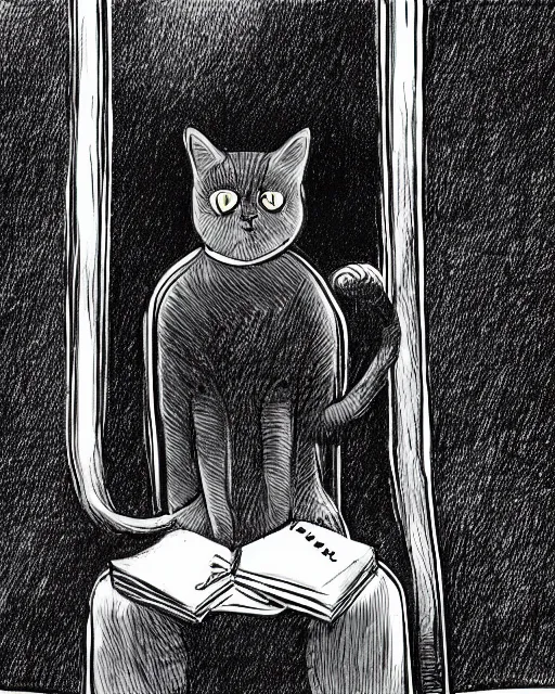 Image similar to a cat seated on the subway, cross-legged. White background. New Yorker cartoon. B&W. Black and white.