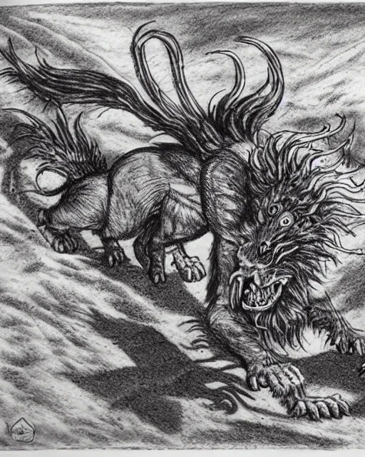 Image similar to pen and ink drawing of a manticore in the desert, by steve jackson and ian livingstone, highly detailed