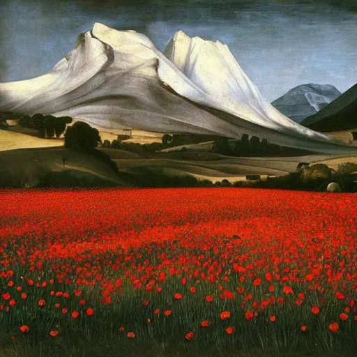 Image similar to a caravaggio painting masterpiece exposed at the Louvres in paris : a poppy field with a icy moutain in the background and a blue sky This 4K HD image is Trending on Artstation, featured on Behance, well-rendered, extra crisp