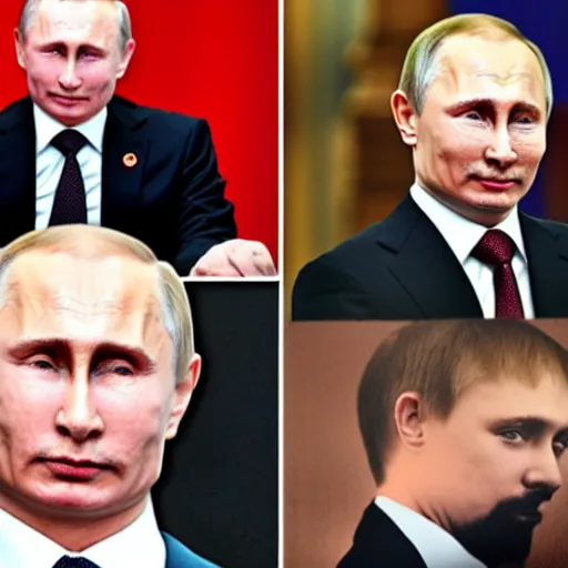 Image similar to putin teams up with a teenage putin, perfect faces