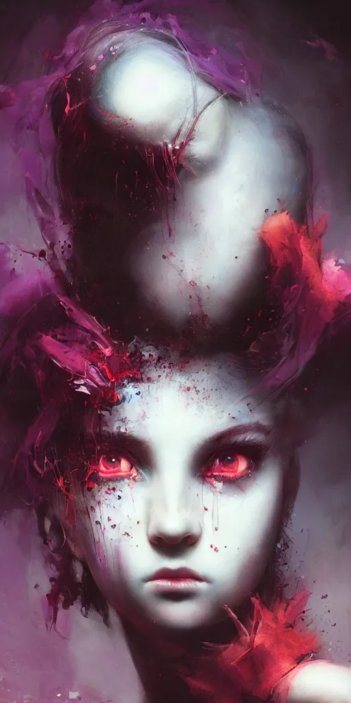 Image similar to shot of sinister girl with pouty aerochrome ( ( ( ( ( lips ) ) ) ) ), fungal, adorable, expressive eyes, playful pose of a dancer, greg rutkowski, charlie bowater, yuumei, stephen gammell, unreal 5, daz, hyperrealistic, octane render, dark, dynamic lighting, fantasy art, beautiful face