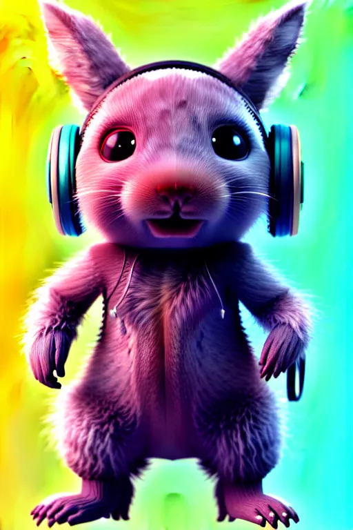 Image similar to high quality 3 d render neo - cyberpunk very cute half fluffy! wombat!! half cyborg with big headphones, pastel mechanical! paw, cyberpunk monocle!, highly detailed, unreal engine cinematic smooth, in the style of detective pikachu, hannah yata charlie immer, neon purple light, low angle, uhd 8 k, sharp focus