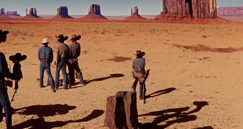 Image similar to film still showing cowboys looking at a gigantic abstract sculpture in the desert directed by Sergio Leone, western, monument valley, cinemascope, technicolor