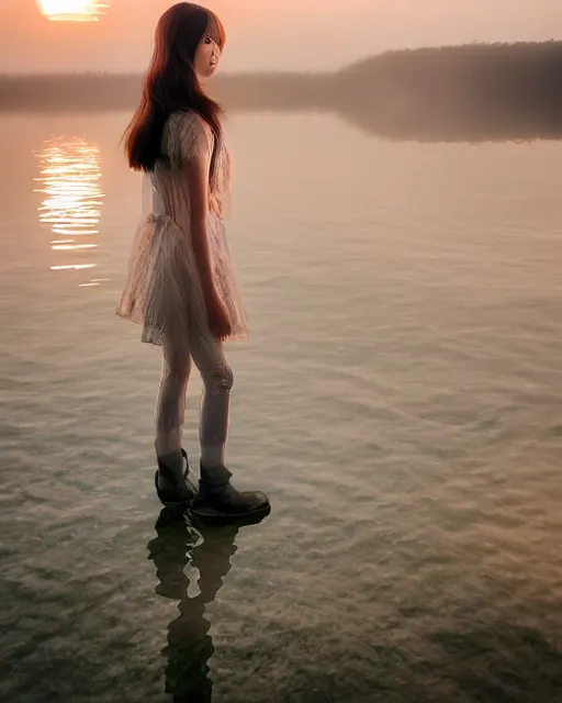 Image similar to beautiful centered photo portrait of hoyeon jung as a solarpunk robotic humanoid with white mechanical parts with bright halogen lights, walking through calm lake water, ultra - realistic and detailed, foggy background, sunset lighting, soft focus, slow exposure hdr 8 k